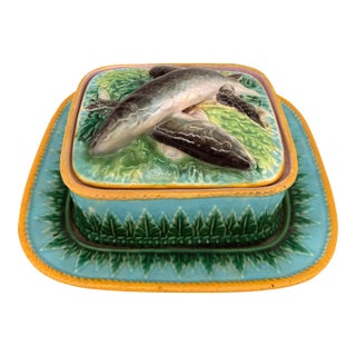 George Jones Majolica Sardine Box on Turquoise Ground, English, Ca. 1870 For Sale