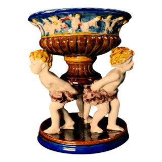 Tripod Basin in Polychrome Slip with Putti For Sale