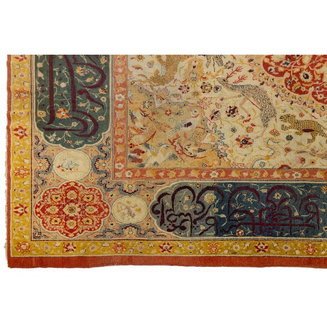 Late 19th Century 19th Century Antique Indian Agra Hunting Rug With Persian Calligraphy Border For Sale - Image 5 of 11