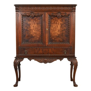Berkey & Gay Style Antique Chippendale Carved Walnut and Burl Wood Bookcase or Bar Cabinet, Circa 1920s For Sale