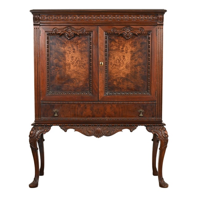 Berkey & Gay Style Antique Chippendale Carved Walnut and Burl Wood Bookcase or Bar Cabinet, Circa 1920s For Sale