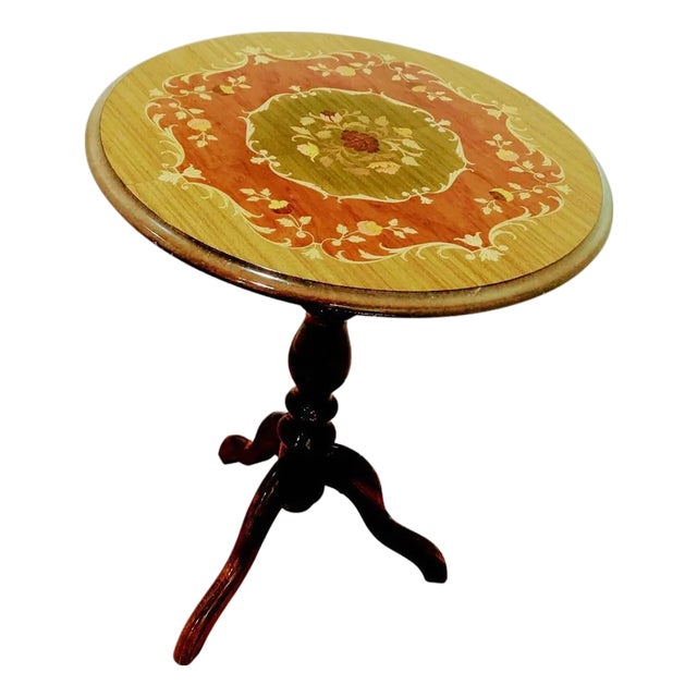 Vintage Italian Marquetry Inlaid Wood Side Table Victorian Style For Sale