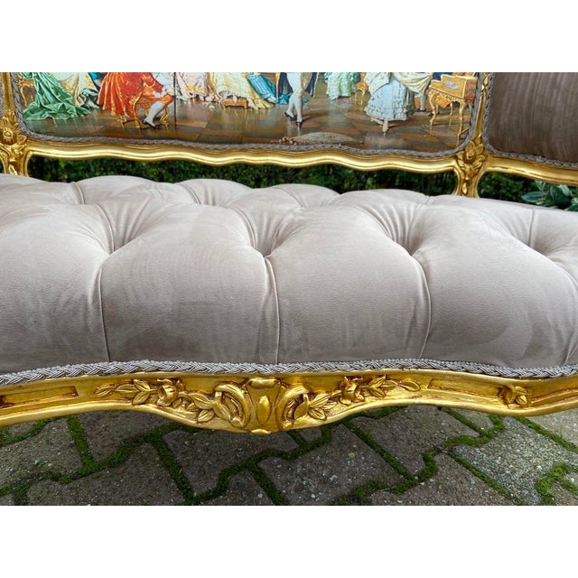 French 1975 French Louis XVI Gilded Beech Velvet & Silk Artwork Settee For Sale - Image 3 of 12