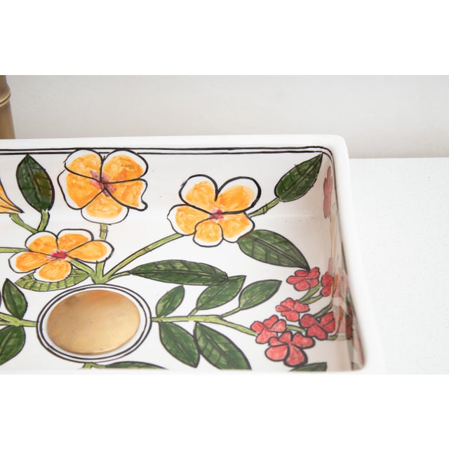 Custom Made Mini Rectangular Floral Bathroom Sink, Handmade Washbasin, Hand-Painted Vessel Sink For Sale - Image 4 of 10