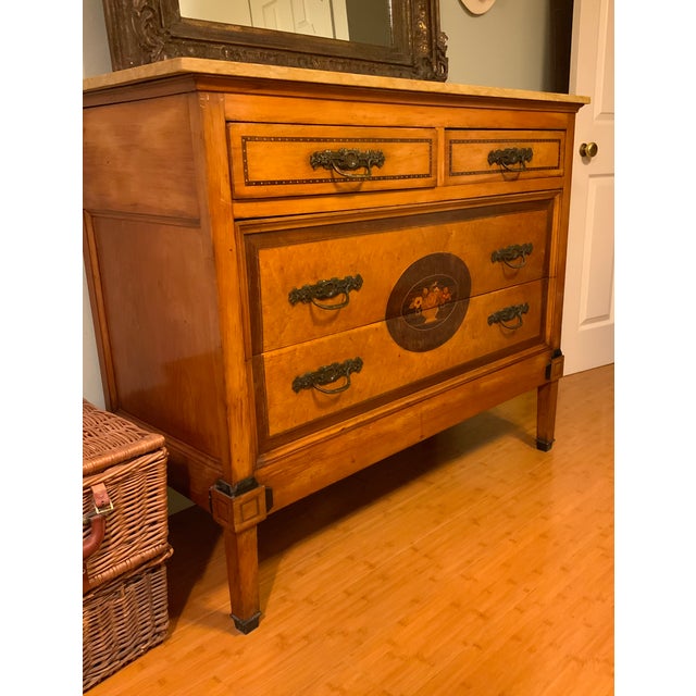 French 19th C. Italian Louis XVI Style Marquetry Commode, Original Siena Marble For Sale - Image 3 of 8