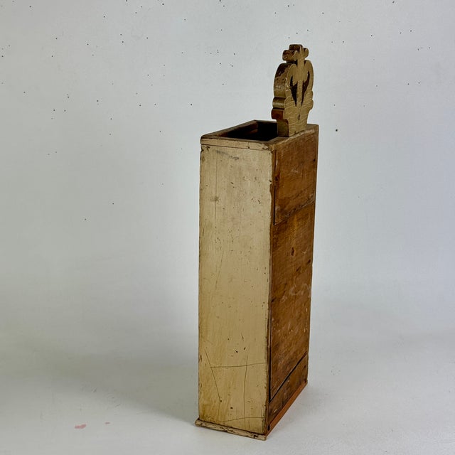 Wood Antique 19th C American Painted Country Wall Box With Ornate Scrolled Pediment Top For Sale - Image 7 of 9