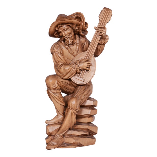 Neo-Rococo Statuette of Lutenist in Pear Wood and Lacquer, France, 1840s For Sale