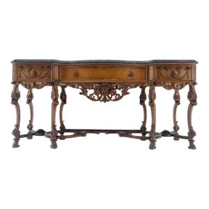 Antique Dovetailed Inlaid Carved Walnut Marble Top SideBoard Server Buffet