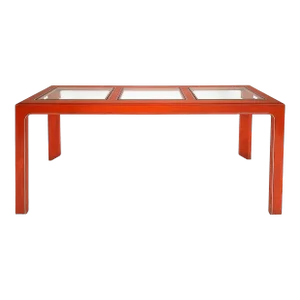 Late 20th Century Vintage Orange Lacquered Brass Trimmed Console Table With Inset Beveled Glass