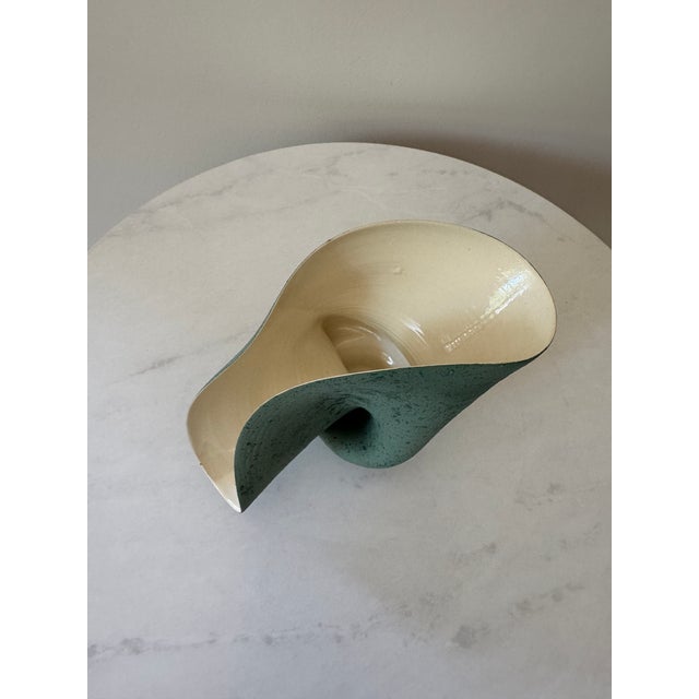 Ceramic Signed 1954 Abstract Biomorphic Studio Ceramic Vase | Mid-Century Modern | Sculptural Art Pottery | Speckled Dark Green & Ivory Glaze | Dated & Signed For Sale - Image 7 of 8