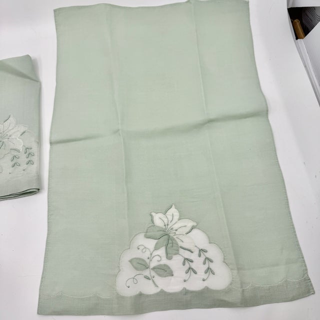 Pair Vintage Pale Pistachio Madeira Linen & Organza Fingertip Towels For Sale - Image 15 of 17