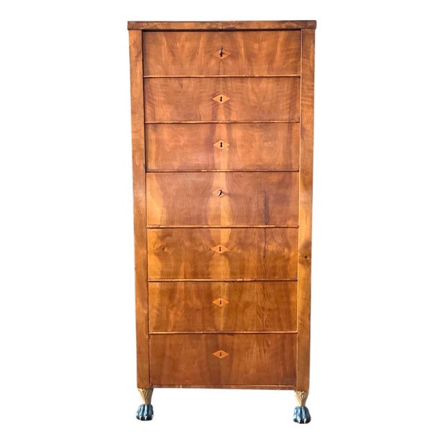 Antique 19th Century Biedermeier Flame Cherrywood Chiffonier / Tall Chest of Drawers For Sale