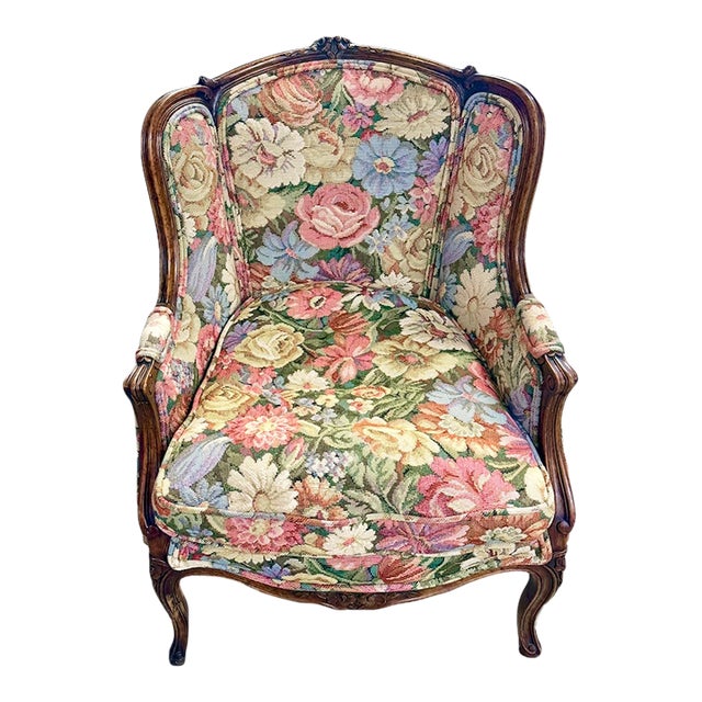 Antique Hand-Carved and Floral Needlepoint Bergere For Sale
