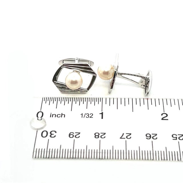 Contemporary Mikimoto Estate Akoya Pearl Cufflinks Silver 7.5 mm, 2 pieces For Sale - Image 3 of 11