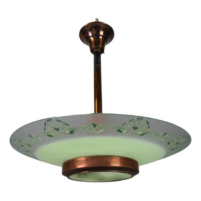 French Art Deco Green Textured Glass and Copper Pendant by Loys Lucha, 1930s For Sale