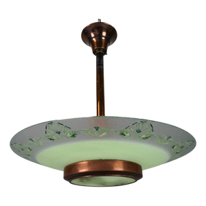 French Art Deco Green Textured Glass and Copper Pendant by Loys Lucha, 1930s
