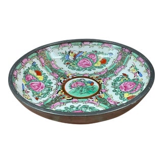 1970s Vintage Chinese Rose Medallion Famille Rose Hand Decorated Porcelain Pewter Encased Decorative Plate / Shallow Bowl For Sale