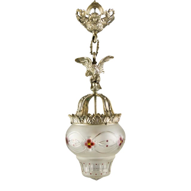 Neoclassical Style Bronze and Frosted Glass Pendant Light with an Eagle, 1920s For Sale