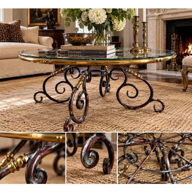 Hollywood Regency Mid-Century Maison Jansen Style Wrought Iron & Brass Round Glass Cocktail Table, C. 1960s For Sale - Image 3 of 12