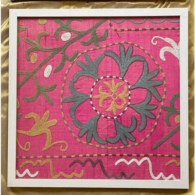 Exquisite Pair of Hand-Embroidered Antique Silk Suzani Framed Silk-on-Silk For Sale - Image 9 of 14
