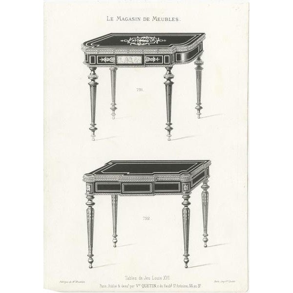 Set of two antique furniture prints depicting game tables. These prints originate from 'Le Magasin de Meubles' by Victor...