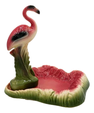 Mid Century Pink and Green Flamingo Ceramic Figurine in Flamingo Pool Ring Tray