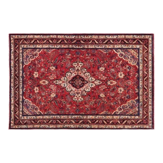 Vintage Hand-Knotted Wool Rug – 6.7 X 9.10 Red & Blue Floral Medallion For Sale