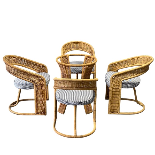 Modern Vintage Sculptural Wicker Five Piece Dining Set | Coastal, Modern, Palm Beach Regency For Sale - Image 3 of 12