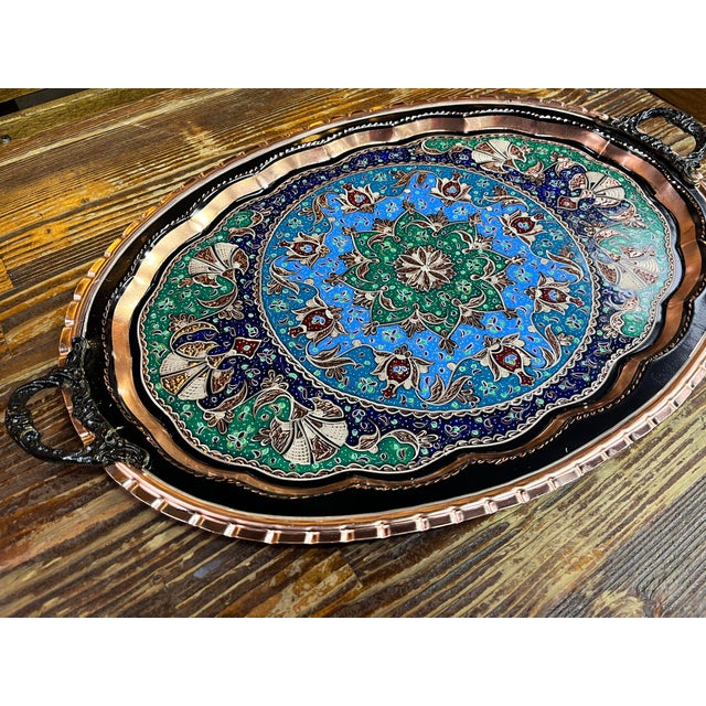 Inlaid Oval Copper Tray with Handles For Sale - Image 5 of 11