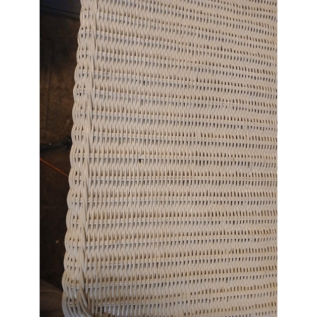 Wood Vintage Boho Chic Coastal White Wicker Console Table With Lattice & Bead Detail For Sale - Image 7 of 10