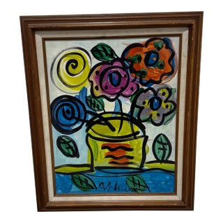 1970s Peter Keil Flowers Abstract Painting ~ Framed For Sale