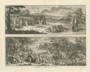 Picart, Illustration of Mourning of Greek Widows in Rama and Baptism in the River Jordan, 1730, Print