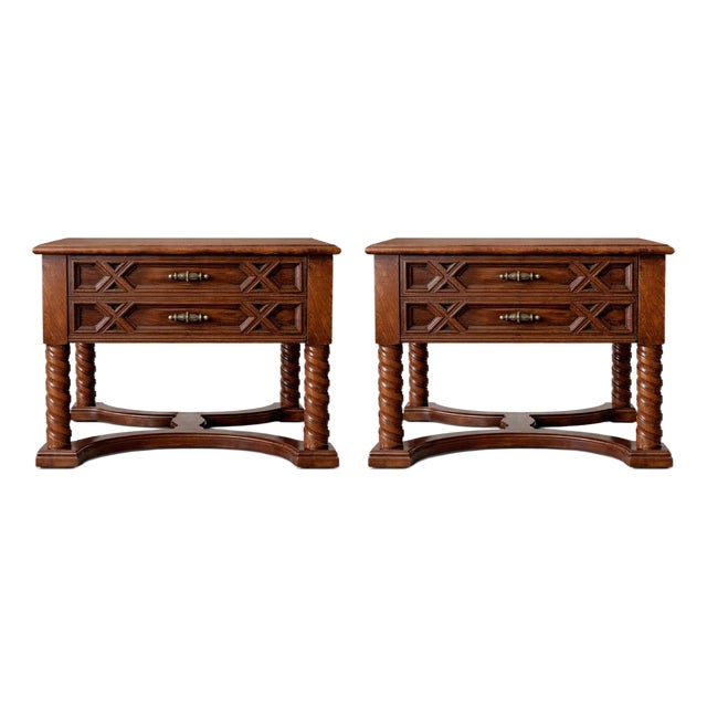 Pair of Solid Oak Spanish Revival Nightstands With Barley Twist Legs – Mediterranean Carved End Tables – 1970s For Sale