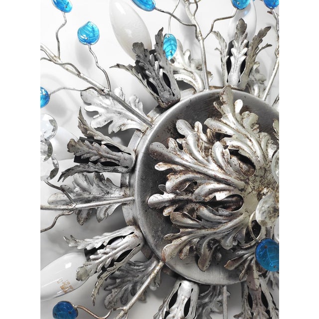 Large Vintage Ceiling Light in Silver-Plated Iron and Blue Glass Leaves from Banci Firenze, 1980s For Sale - Image 10 of 11