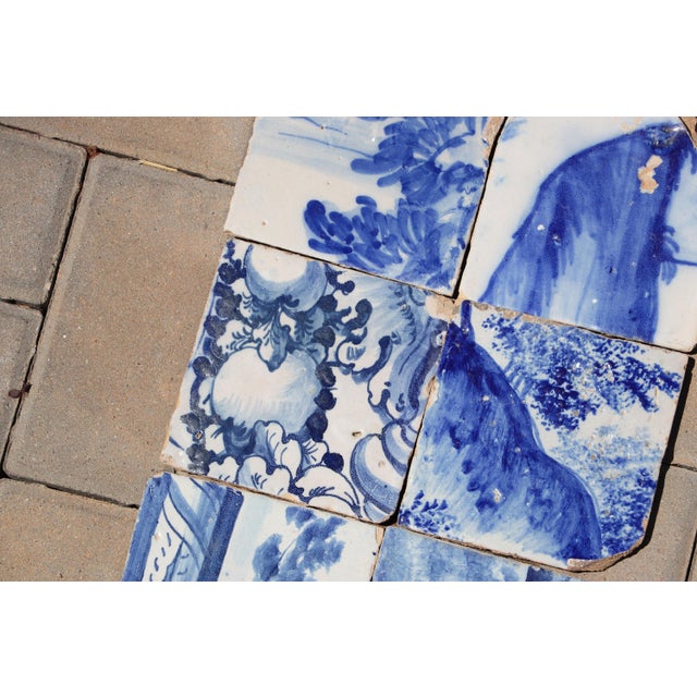 Ceramic 18th Century Antique Portuguese Blue & White Tiles With Floral Cartouche and Landscape Motifs Set of 6 For Sale - Image 7 of 8