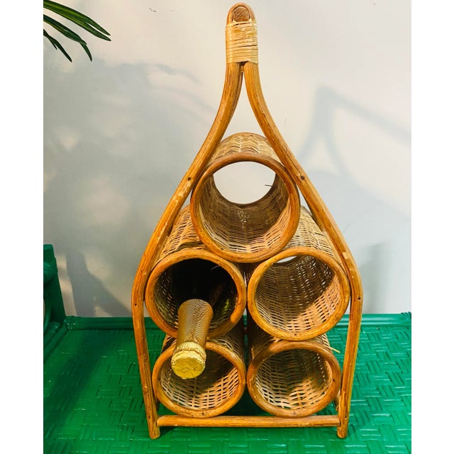 1970s Vintage Boho Coastal Wicker Rattan Sculptural Wine Bottle Rack Holder For Sale - Image 9 of 11