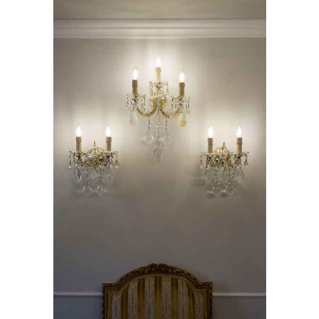 1940s Triptych of Maria Theresa Style Crystal Wall Lamps, 1940s, Set of 3 For Sale - Image 5 of 12