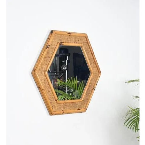 Mid-Century Italian Hexagonal Mirror in Rattam and Bamboo, 1970s For Sale - Image 10 of 11
