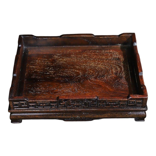 Vintage Rosewood Carved Rectangular Tray / Scholar's Display Stand For Sale