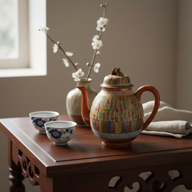 Mid-Century Modern Vintage Japanese 1000 Thousand Faces Teapot-Hand Painted Porcelain-Kutani Style For Sale - Image 3 of 11