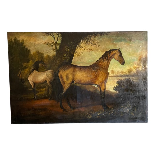 Horses in a Lake Landscape, 1800s, Oil on Canvas For Sale