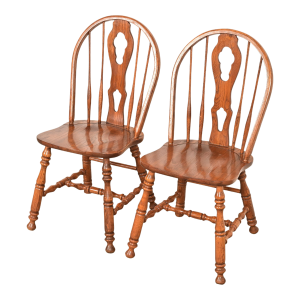 Ethan Allen Style American Colonial Solid Oak Spindle Back Windsor Side Chairs or Dining Chairs, Pair
