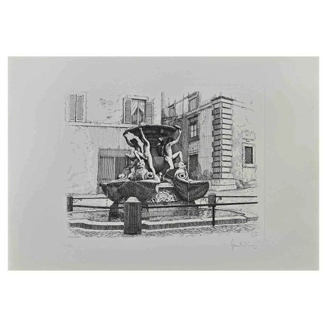 Giuseppe Malandrino, Fountain of the Turtles, Original Etching, 1970 For Sale