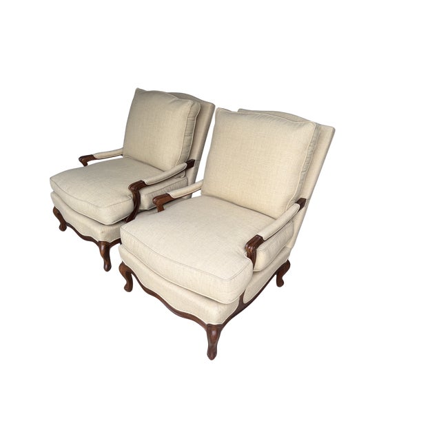 Camel Pair of Vintage Hickory Chair Louis XV Bergère Armchairs – French Provincial Upholstered Accent Chair With Carved Wood Frame For Sale - Image 8 of 16