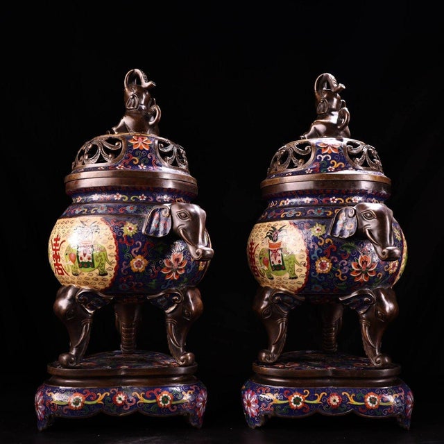 Traditional Late 20th Century Pair of Gilt Bronze Cloisonné Enamel Elephant Incense Burners For Sale - Image 3 of 9