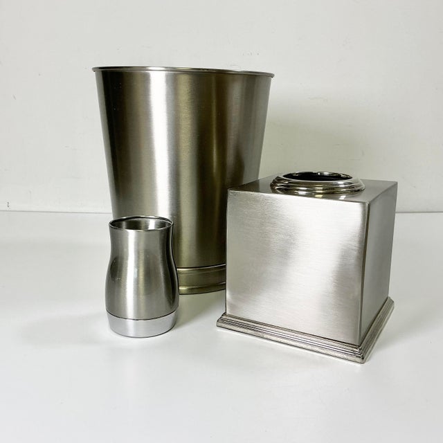 Contemporary 1990s Vintage Contemporary Modern Nickel Satin Finish Bathroom Wastebasket, Tissue Box Cover - Set of 3 For Sale - Image 3 of 10