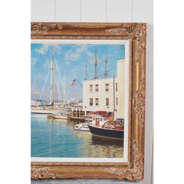 Nautical Mid 20th Century Signed Oil on Board by Kenneth Raymond Denton (British; 1932–2024) | 'The Harbour at Newport, Ri' For Sale - Image 3 of 6