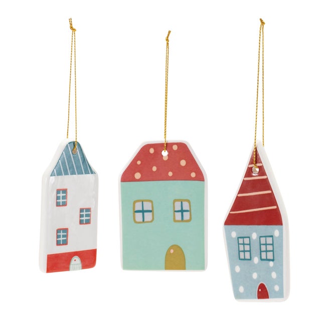 Add a modern touch of holiday cheer with these Ceramic Winter House Ornaments. Featuring wintry red and green tones with a...