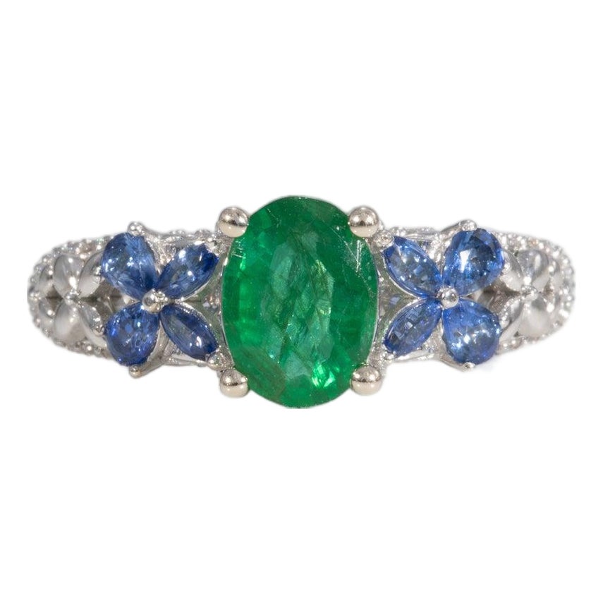 Zambian Emerald Ring With Natural Diamonds & Blue Sapphires: Solid 14k ...