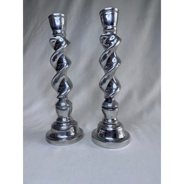 Mexican Vintage English Traditional Barley Twist Silver Tone Candlesticks, a Pair For Sale - Image 3 of 8